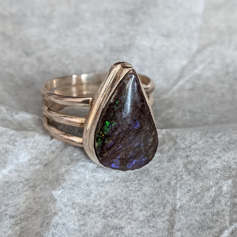Natural Ammolite, 925 Silver Ring, size 10